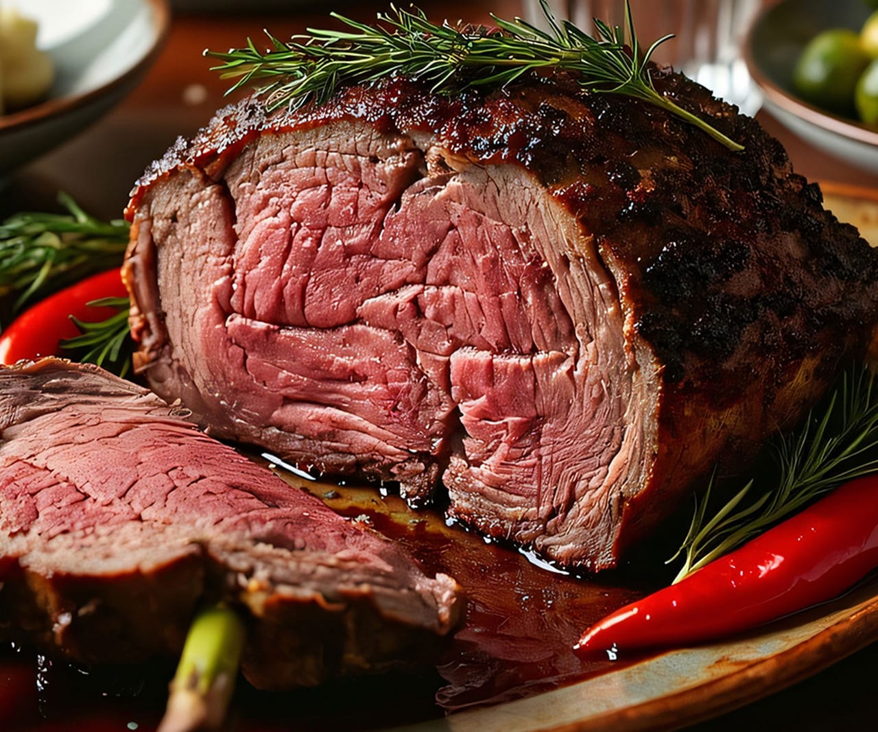 Slow-roasted Black Angus prime rib, carved and plated